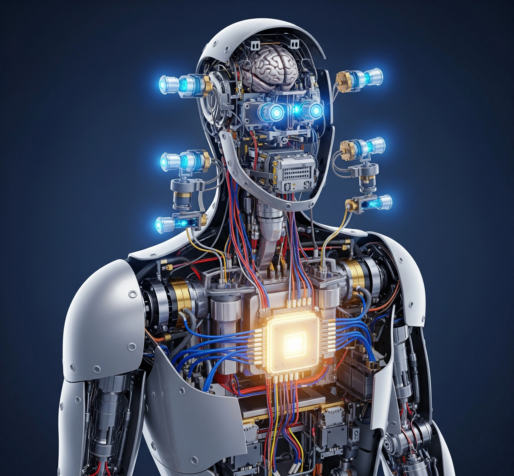 A cutaway diagram of a humanoid robot, revealing its internal components: glowing sensors, intricate wiring, powerful actuators, and a central processing unit, symbolizing the complex interplay of hardware.