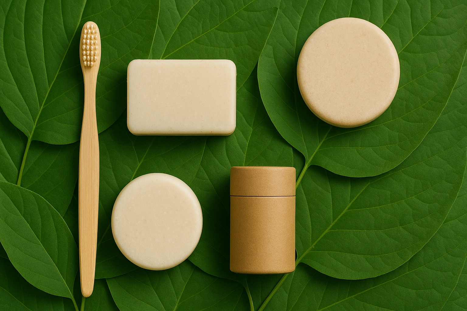 A collection of sustainable beauty products including bamboo toothbrushes and solid shampoo bars arranged on a fresh green leaf background.