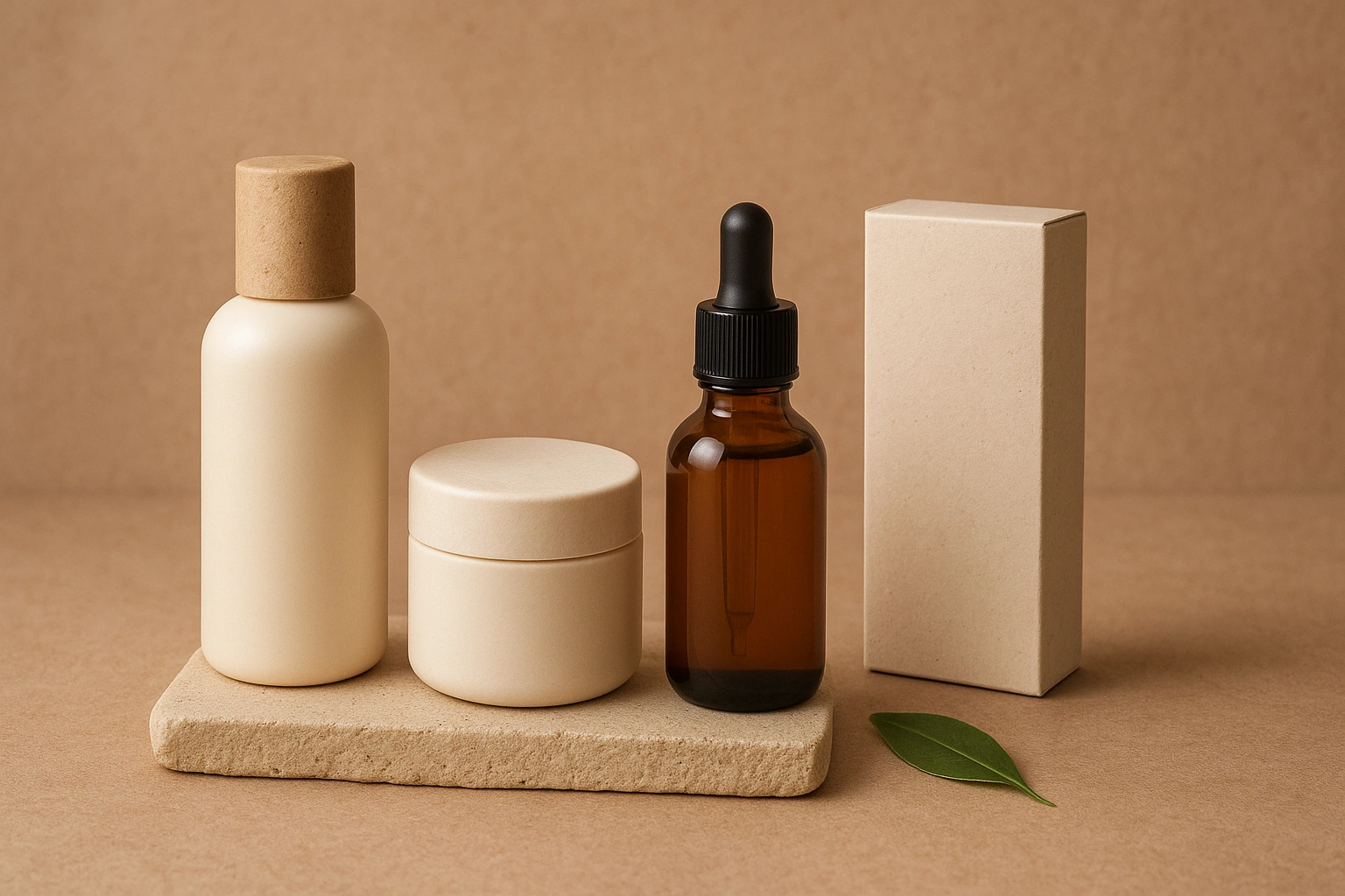 A collection of sustainable beauty products with minimalist, eco-friendly packaging displayed on a natural background.