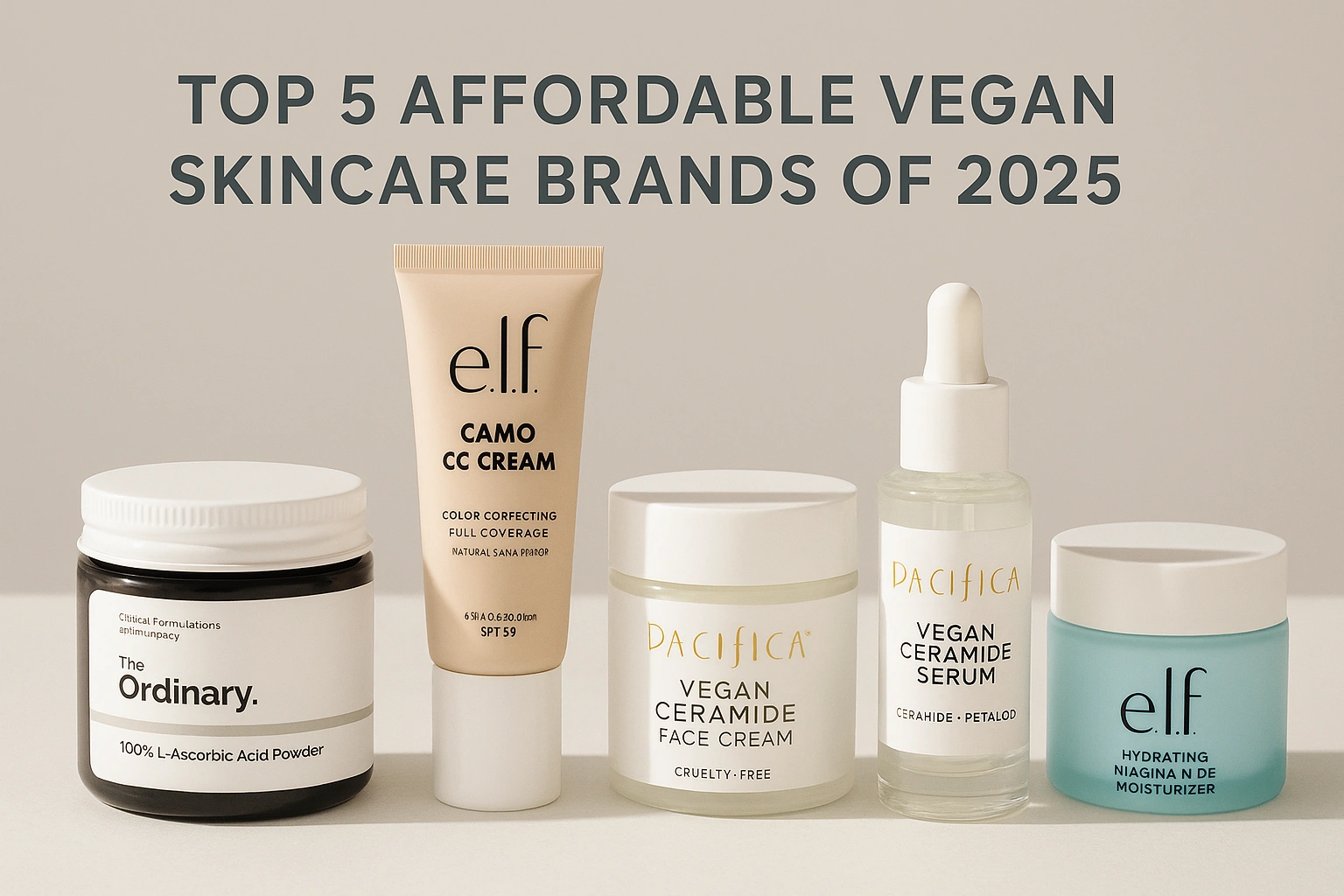 A curated display of top 5 affordable vegan skincare brands of 2025, showing products from The Ordinary, e.l.f. Cosmetics, and Pacifica Beauty, including moisturizers, serums, and face creams.