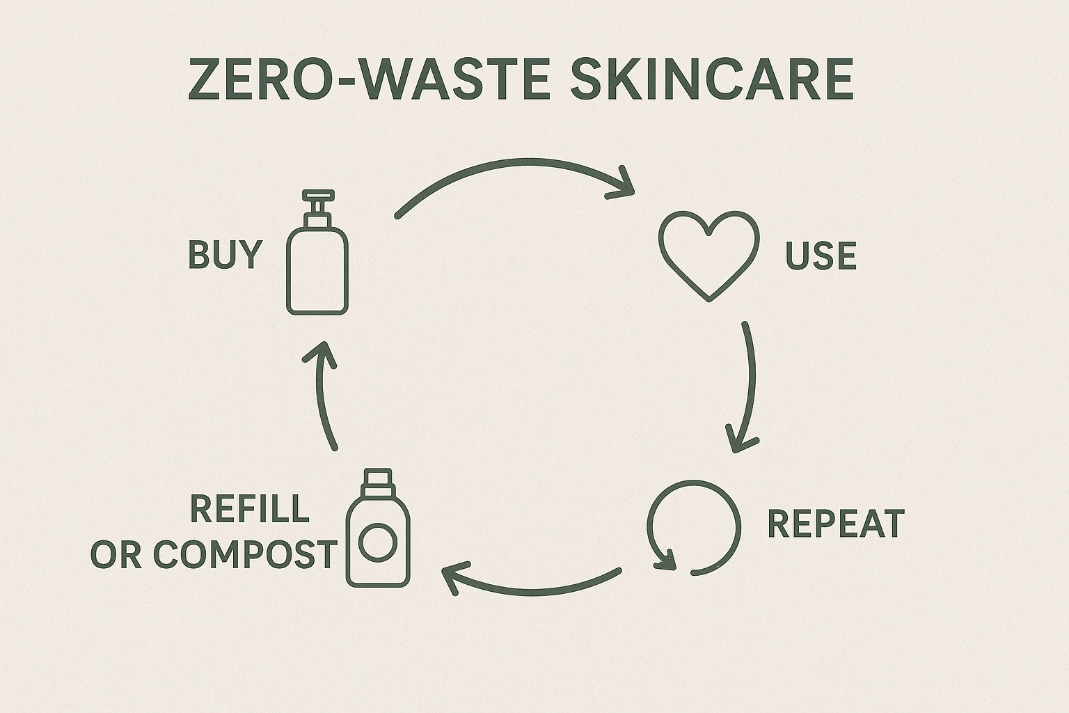 A diagram illustrating the circular economy of zero-waste skincare with steps Buy, Use, Refill or Compost, Repeat.