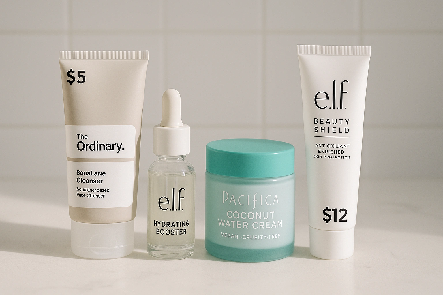 A display of affordable vegan skincare products from brands like The Ordinary, e.l.f. Cosmetics, and Pacifica Beauty, showcasing moisturizers, serums, and cleansers for budget-conscious ethical skincare.