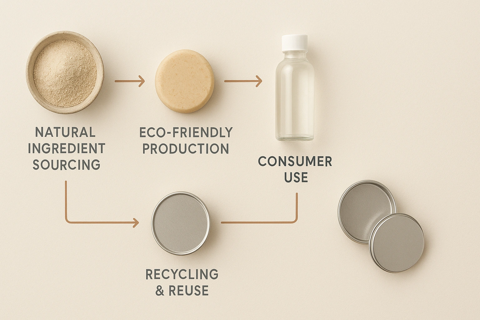 A flowchart illustrating the lifecycle of a sustainable beauty product, starting from ethical ingredient sourcing, through production and use, to recycling and reuse.