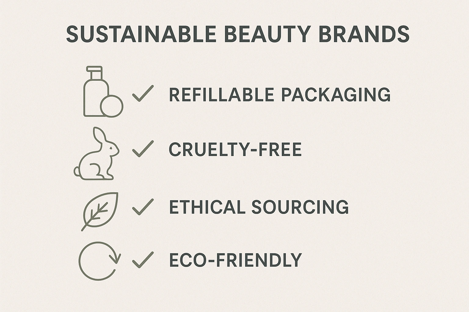 A graphic checklist highlighting key features of sustainable beauty brands such as refillable packaging and ethical sourcing