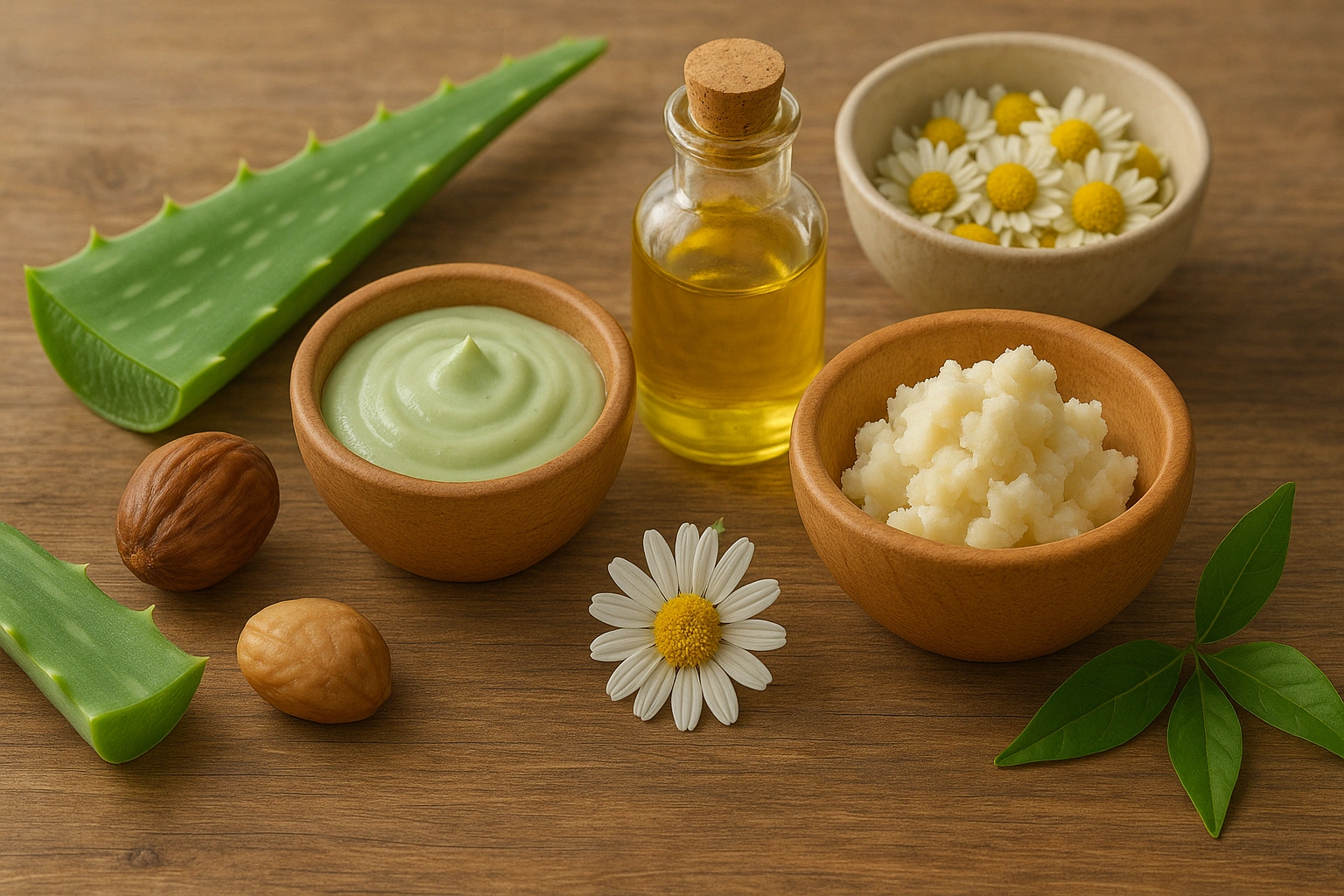 A home skincare setup with natural plant-based ingredients including aloe vera, chamomile, jojoba oil, shea butter, and green tea leaves for a vegan skincare routine