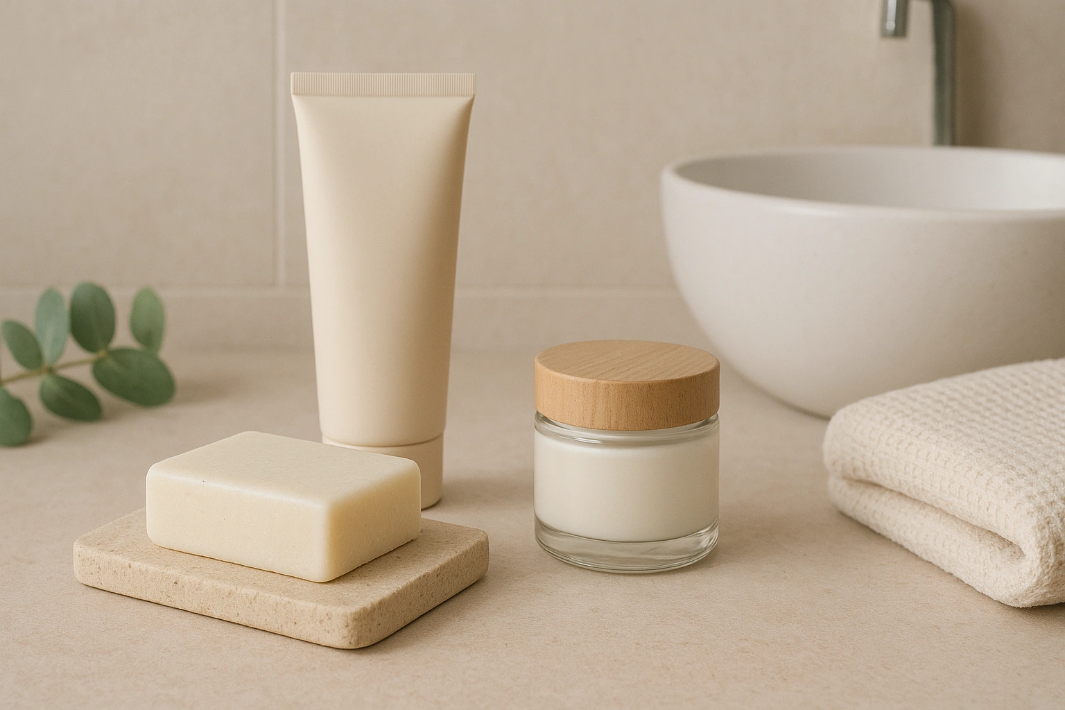 A minimalist bathroom counter with zero-waste skincare products including a solid face wash bar and a moisturizer in a glass jar, emphasizing sustainable beauty.