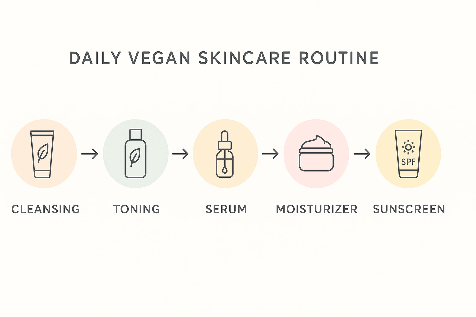 A process flow diagram showing the steps of a daily vegan skincare routine cleanse, tone, apply serum, moisturize, and use sunscreen, with clean icons and soft pastel colors