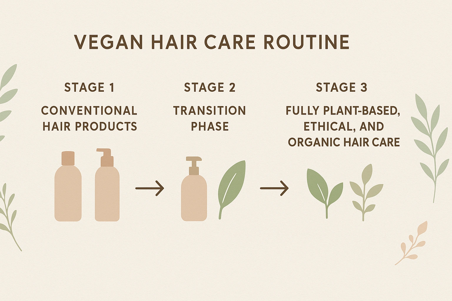 A realistic 169 flowchart illustrating a vegan hair care routine, showing transition phases from conventional products to fully plant-based hair care.