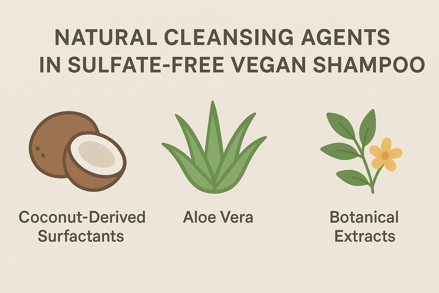A realistic 169 image of a chart illustrating the natural cleansing agents in a sulfate-free vegan shampoo, including coconut-derived surfactants, aloe vera, and plant-based extracts.