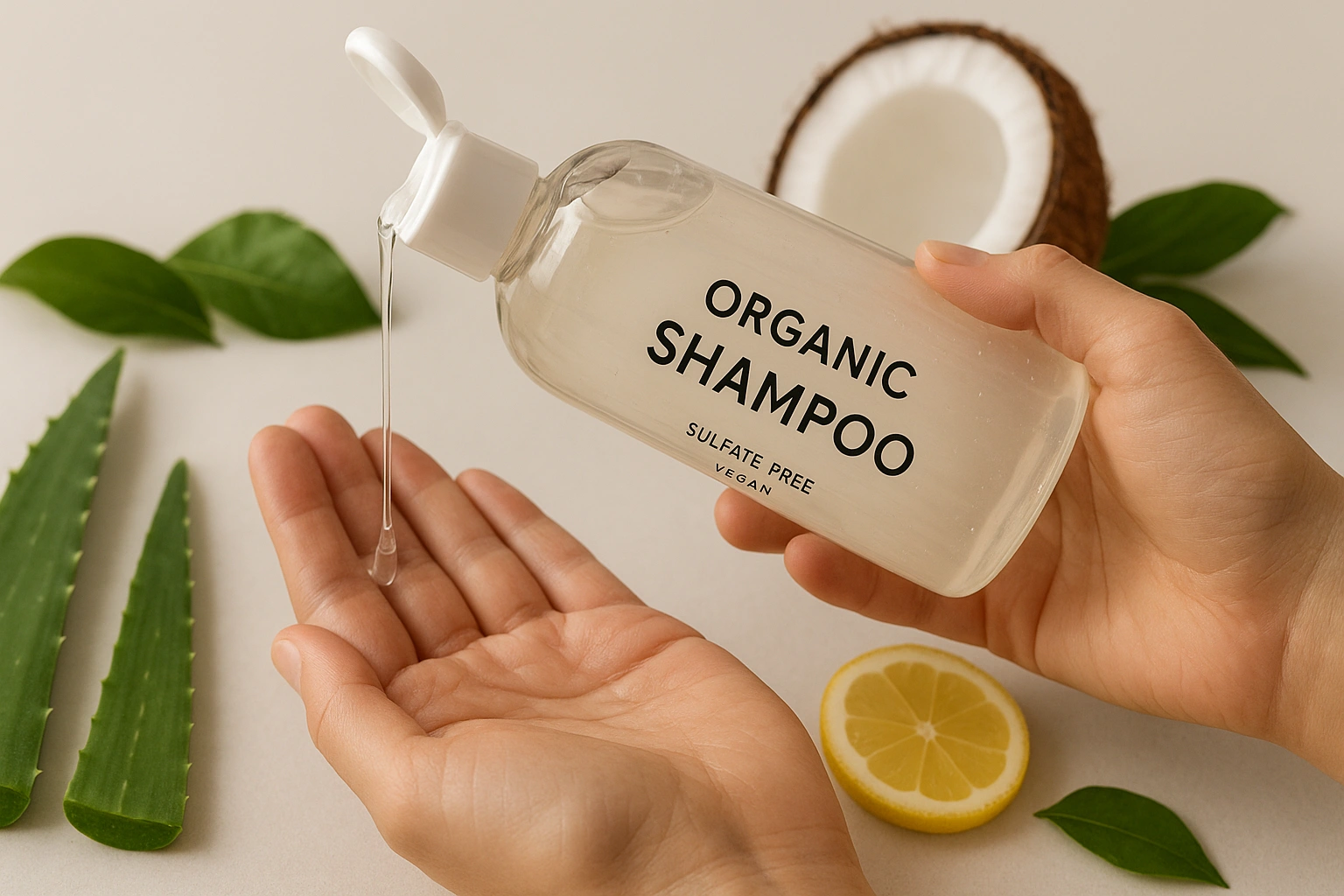 A realistic 169 image of a clear organic shampoo being poured into a hand, surrounded by fresh botanicals like aloe vera, coconut, and lemon, representing gentle, sulfate-free vegan hair care.