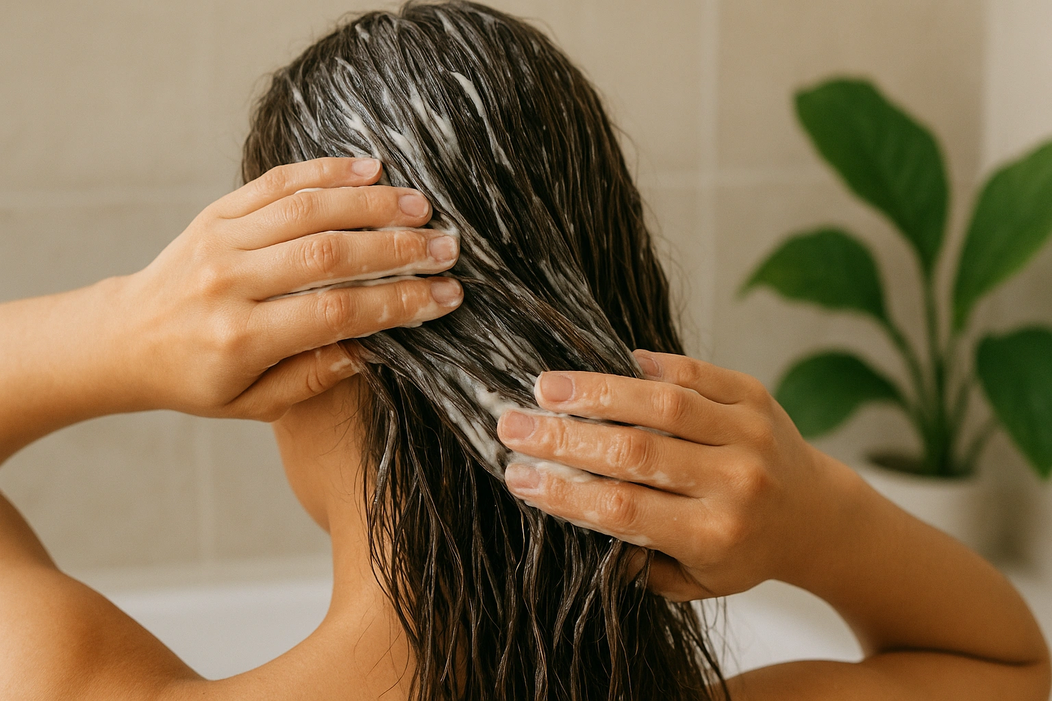 A realistic 169 image of a person applying a rich, creamy vegan hair mask to their damaged hair, showing deep nourishment and care