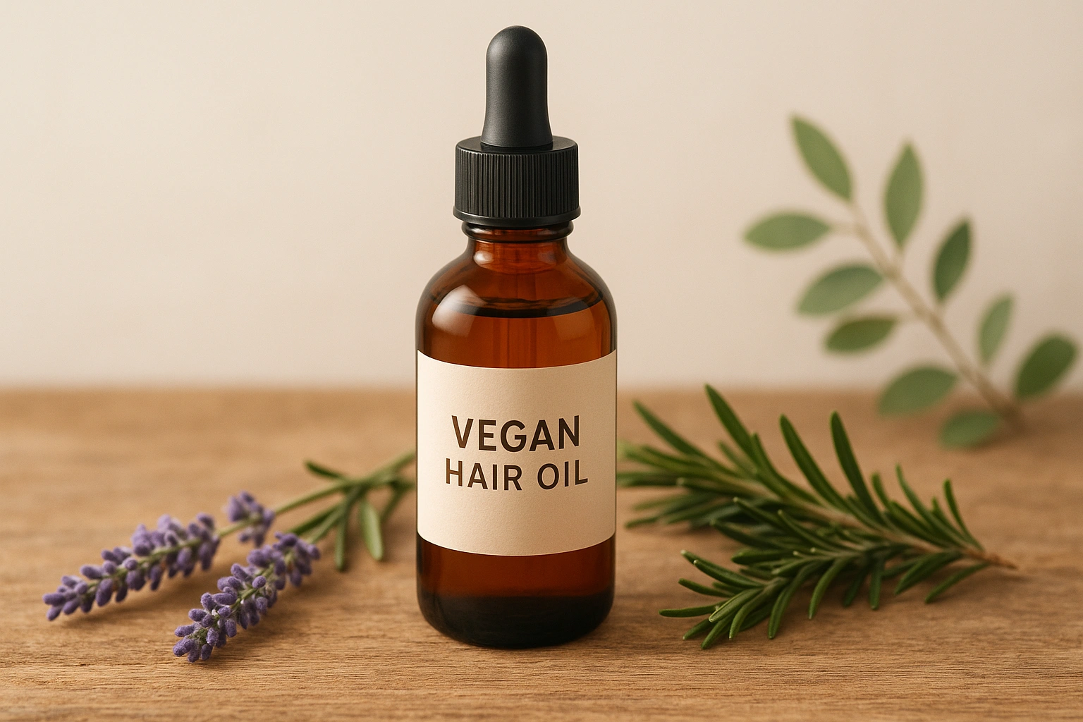 A realistic 169 image of a vegan hair oil bottle elegantly placed on a wooden surface, surrounded by fresh lavender sprigs, rosemary, and other natural botanicals.