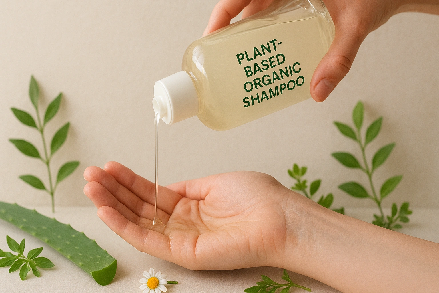 A realistic 169 image of plant-based organic shampoo being poured into a hand, surrounded by fresh botanicals like aloe vera, chamomile, and herbs, highlighting natural and nourishing hair care.