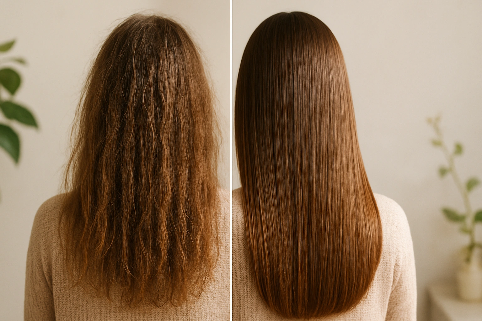 A realistic 169 split-image showing the transformation of hair dull and lifeless on the left side, vibrant, shiny, and healthy on the right side after switching to organic hair care