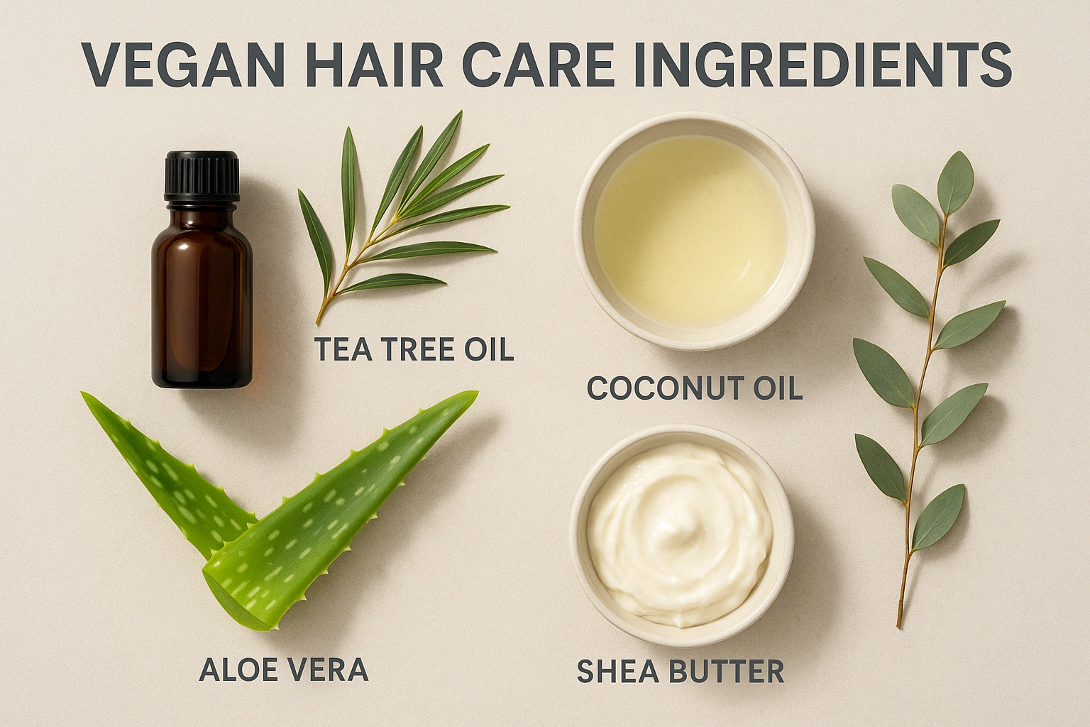 A realistic diagram-style image showing key vegan hair care ingredients such as tea tree oil and aloe vera, highlighting their benefits for a healthy scalp.