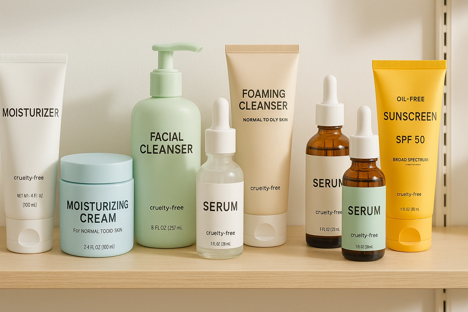 A retail shelf showcasing a variety of budget-friendly, cruelty-free skincare products including moisturizers, cleansers, serums, and sunscreens from different brands.