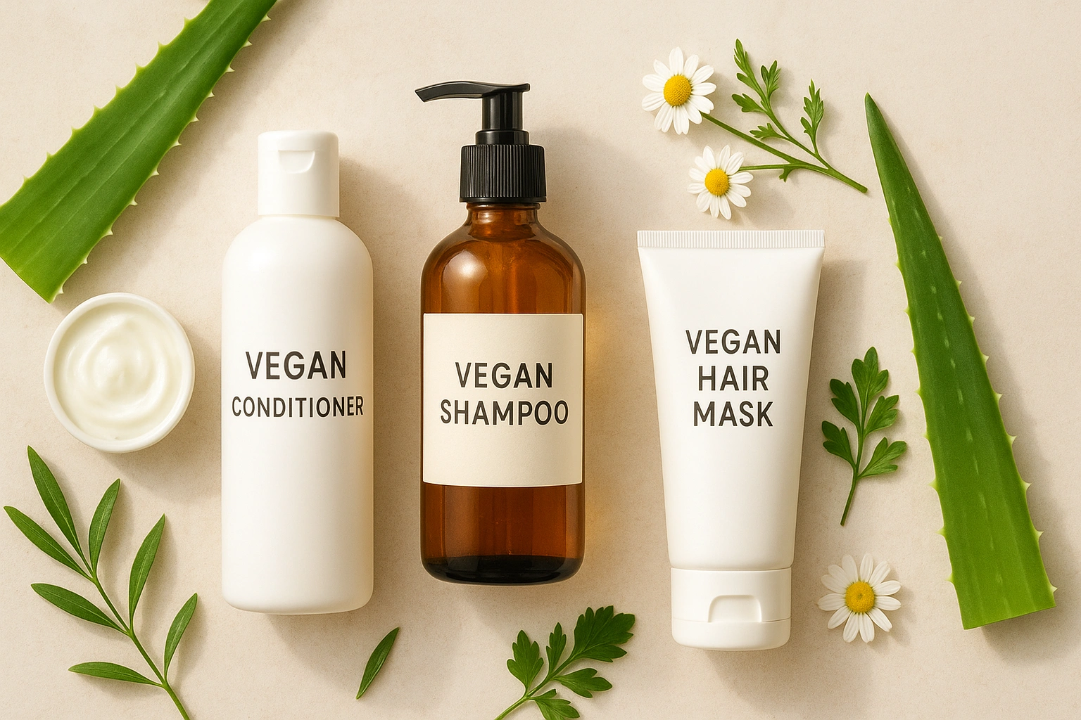 A vibrant flat lay of vegan hair care products surrounded by natural ingredients like aloe vera and chamomile, styled in a clean and organic aesthetic.
