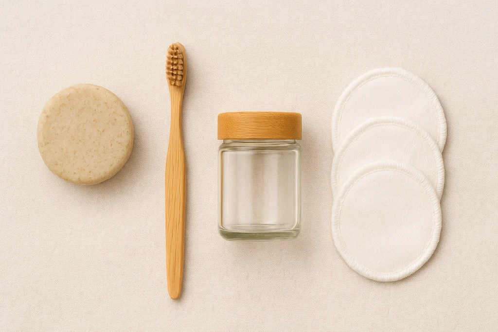 Affordable sustainable beauty essentials like shampoo bars, bamboo toothbrush, and refill skincare jars on a clean background.