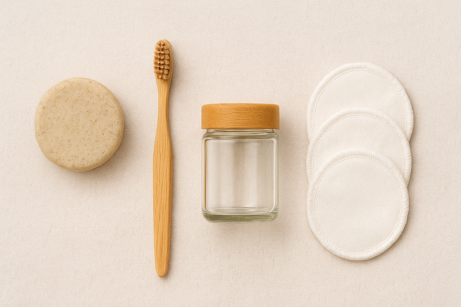 Affordable sustainable beauty essentials like shampoo bars, bamboo toothbrush, and refill skincare jars on a clean background.