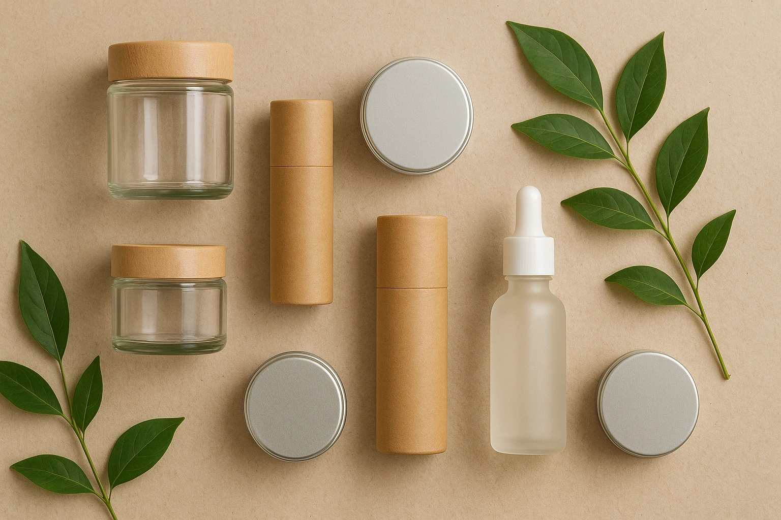 An assortment of eco-friendly beauty packaging including glass jars, aluminum tins, and paper-based tubes arranged neatly on a natural background with a clean, sustainable aesthetic.