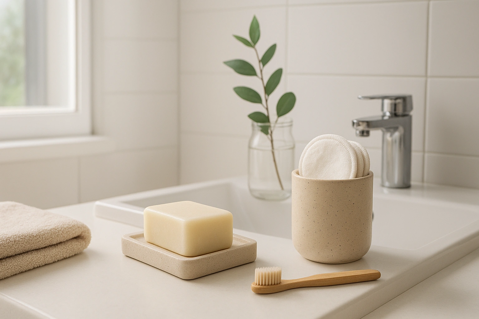Bright and airy bathroom scene featuring a sustainable beauty routine with a shampoo bar, bamboo toothbrush, and reusable cotton rounds arranged neatly on a counter