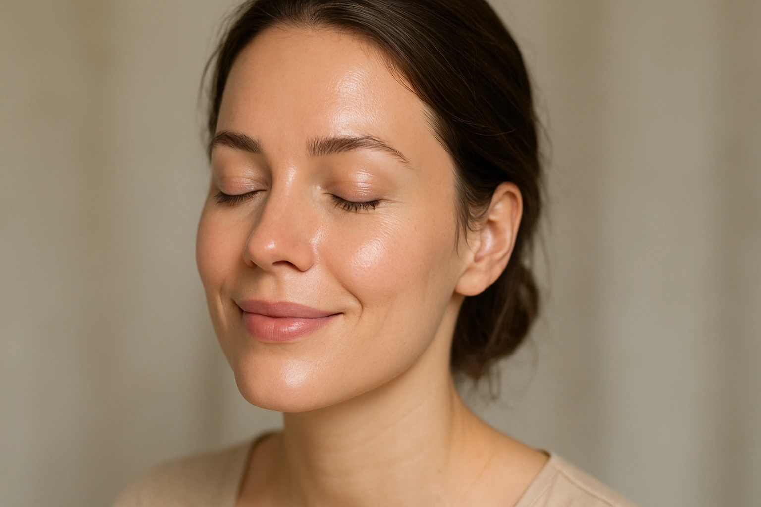 Close-up of a woman with healthy, glowing, and moisturized skin after using an organic face cream, smiling with natural radiance, soft natural lighting highlighting her complexion.