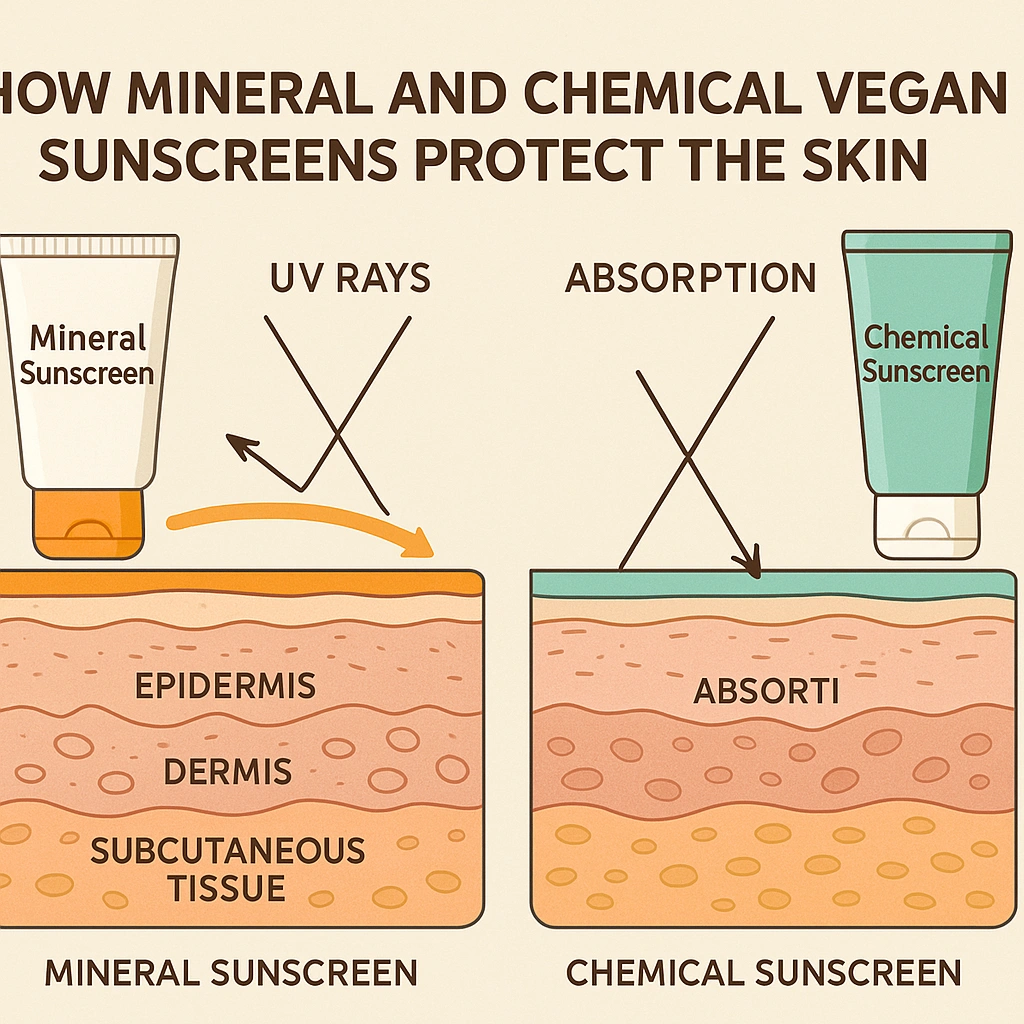 Diagram realistis bergaya foto yang membandingkan mekanisme kerja tabir surya vegan berbasis mineral dan kimia dalam melindungi kulit.