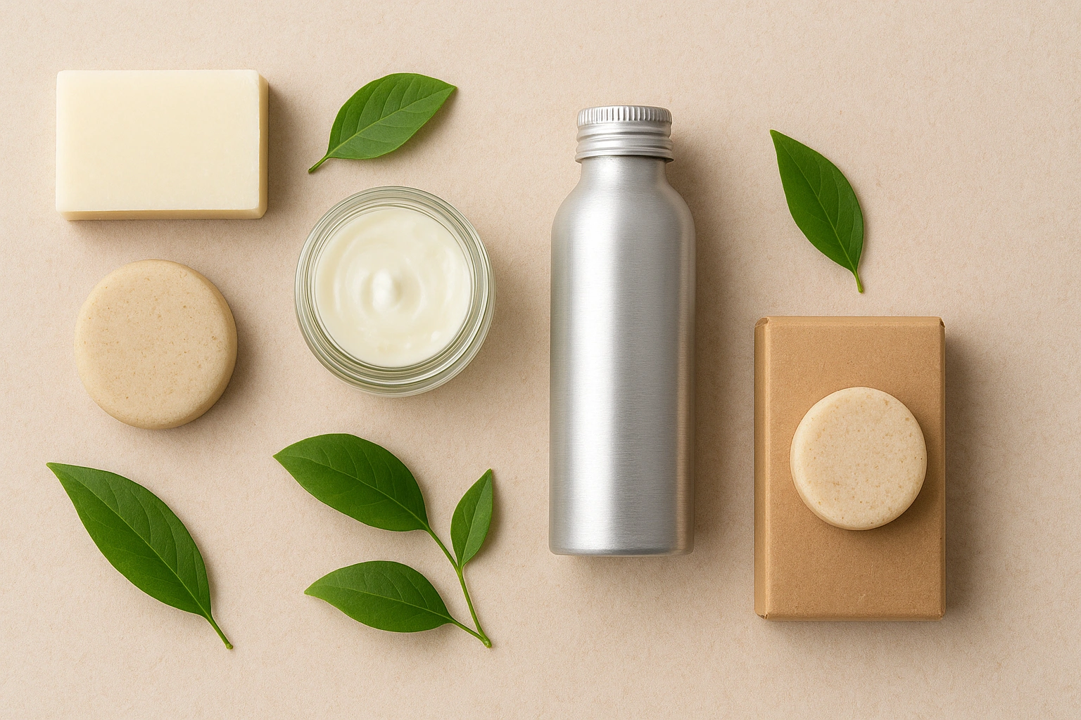 Eco-friendly zero-waste skincare thumbnail showing sustainable beauty products like solid bars, glass jars, and refillable bottles arranged with fresh green leaves on a clean background.