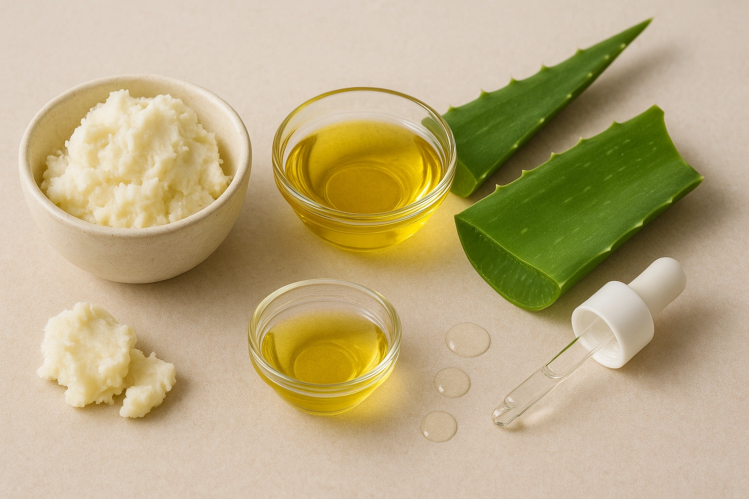 Flat lay of plant-based ingredients for vegan moisturizers for dry skin, including shea butter, jojoba oil, aloe vera, and hyaluronic acid drops, representing hydration and natural skincare.