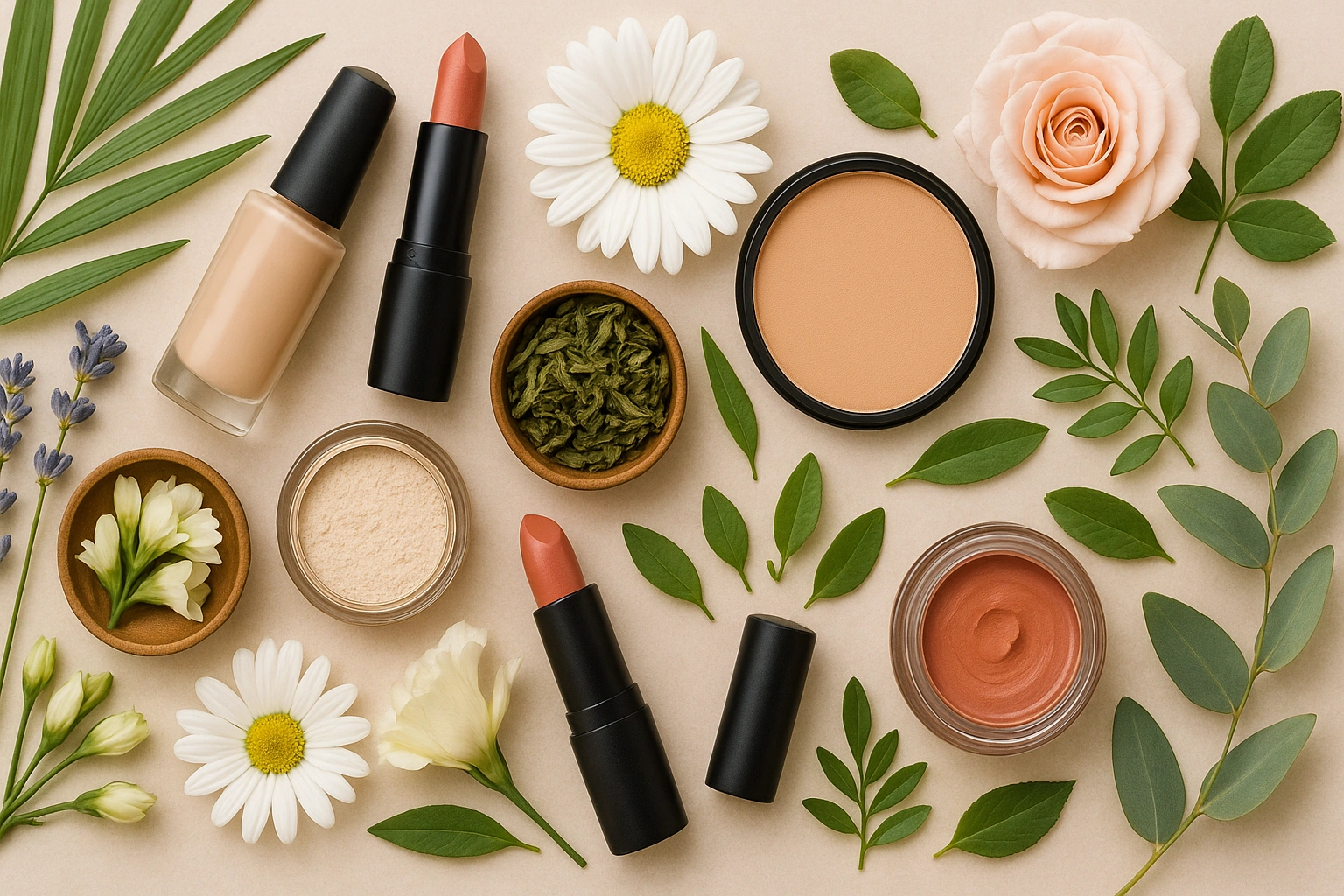 Flat lay realistic photo-style image of organic makeup products surrounded by fresh botanicals and flowers, highlighting the best non-toxic cosmetics.