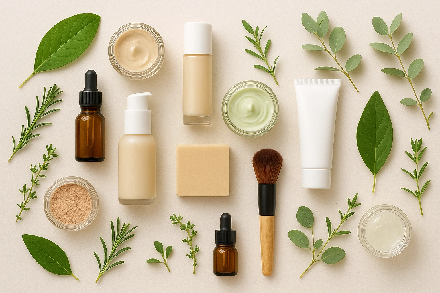 Realistic 169 flat lay of organic makeup and skincare products surrounded by fresh green leaves and botanicals, showcasing the natural and nourishing benefits of organic beauty.