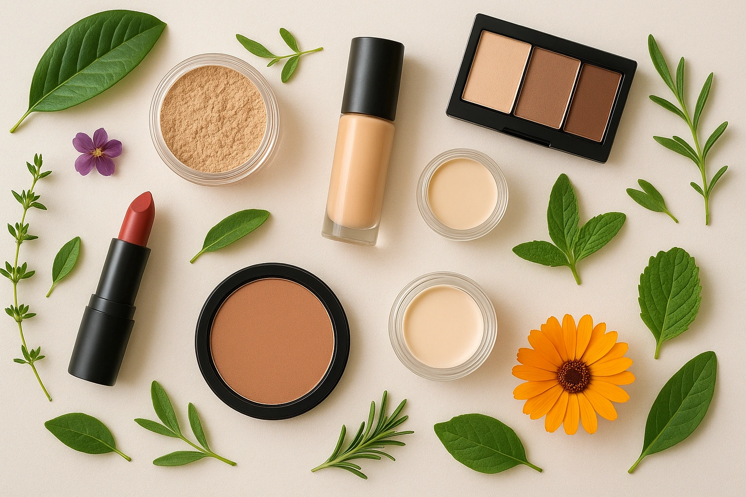 Realistic 169 flat lay of organic makeup products surrounded by fresh botanicals and green leaves, illustrating the top seven benefits of organic makeup for skin health and eco-friendly beauty.