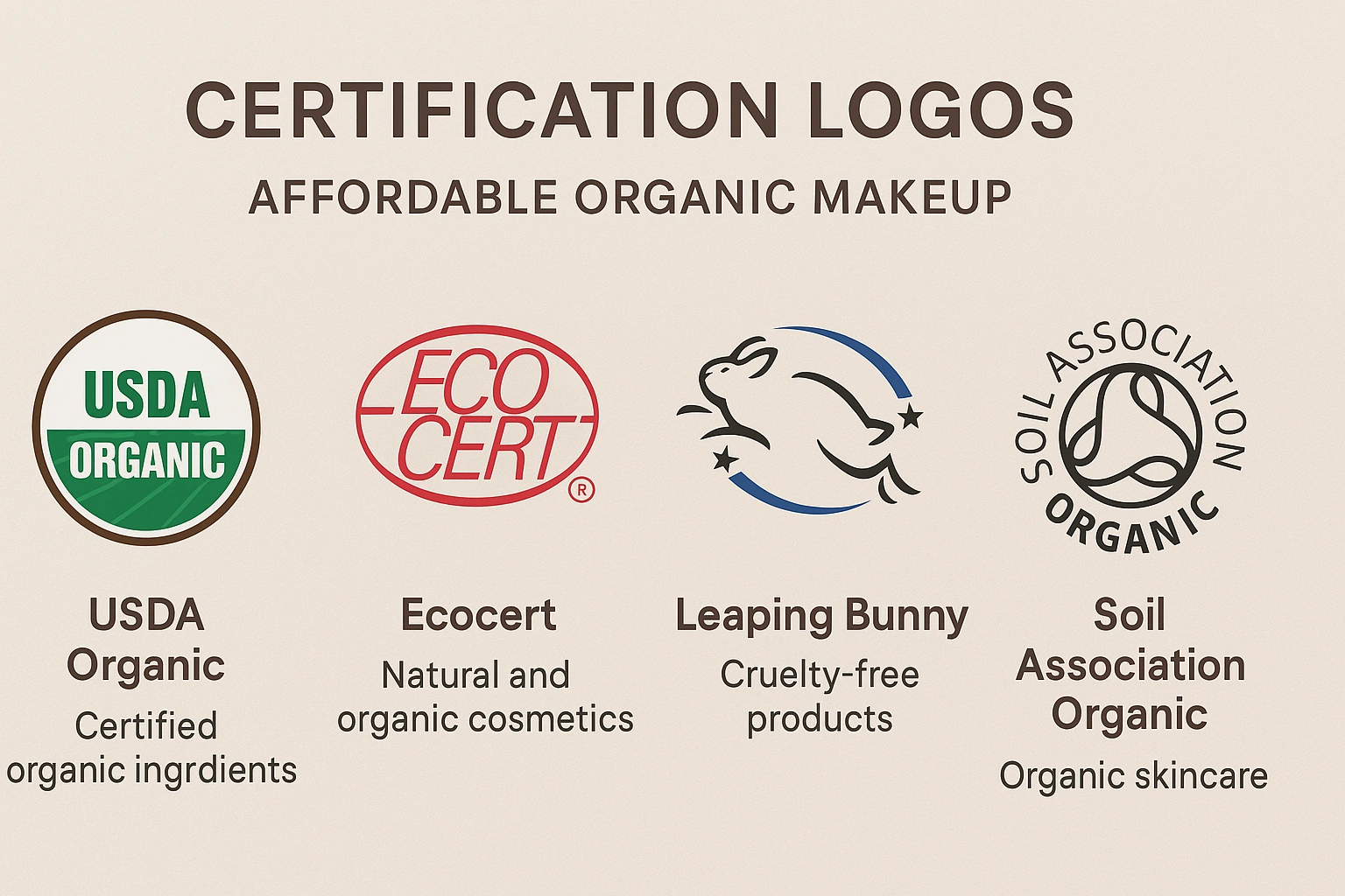 Realistic 169 infographic-style chart showing certification logos for affordable organic makeup, including USDA Organic and Leaping Bunny, with brief explanations of each logo.