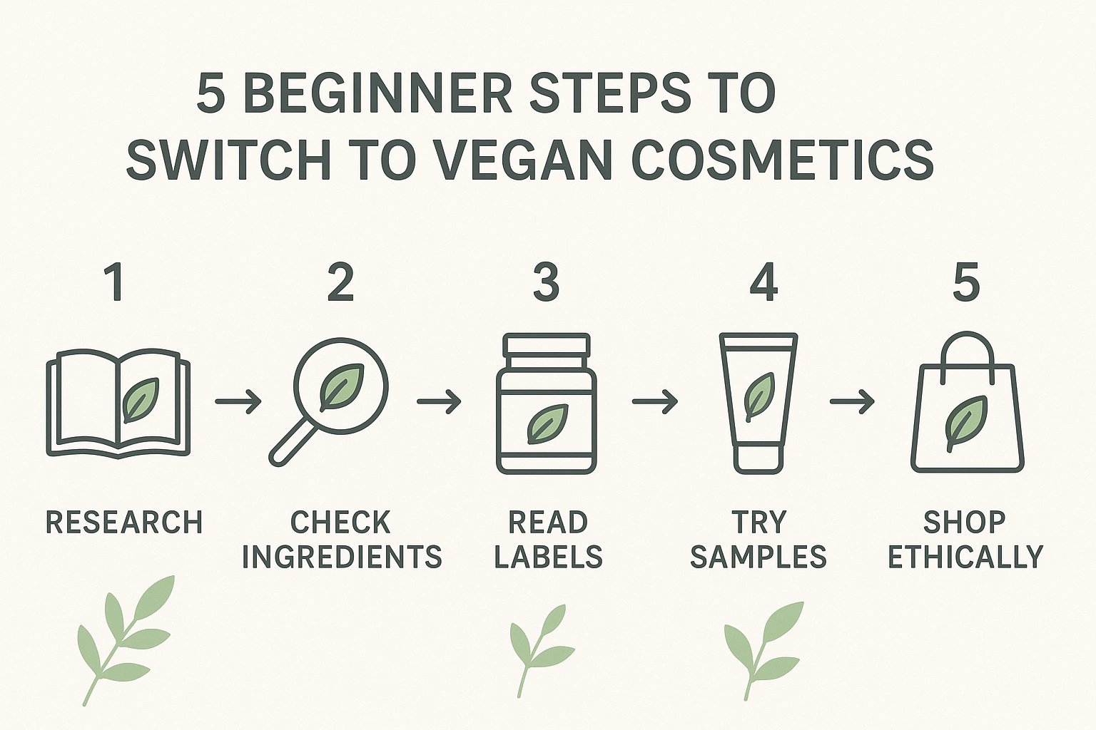 Realistic 169 infographic with five simple steps for beginners to switch to vegan cosmetics, using clean icons and minimalist visuals in a modern, plant-based aesthetic.