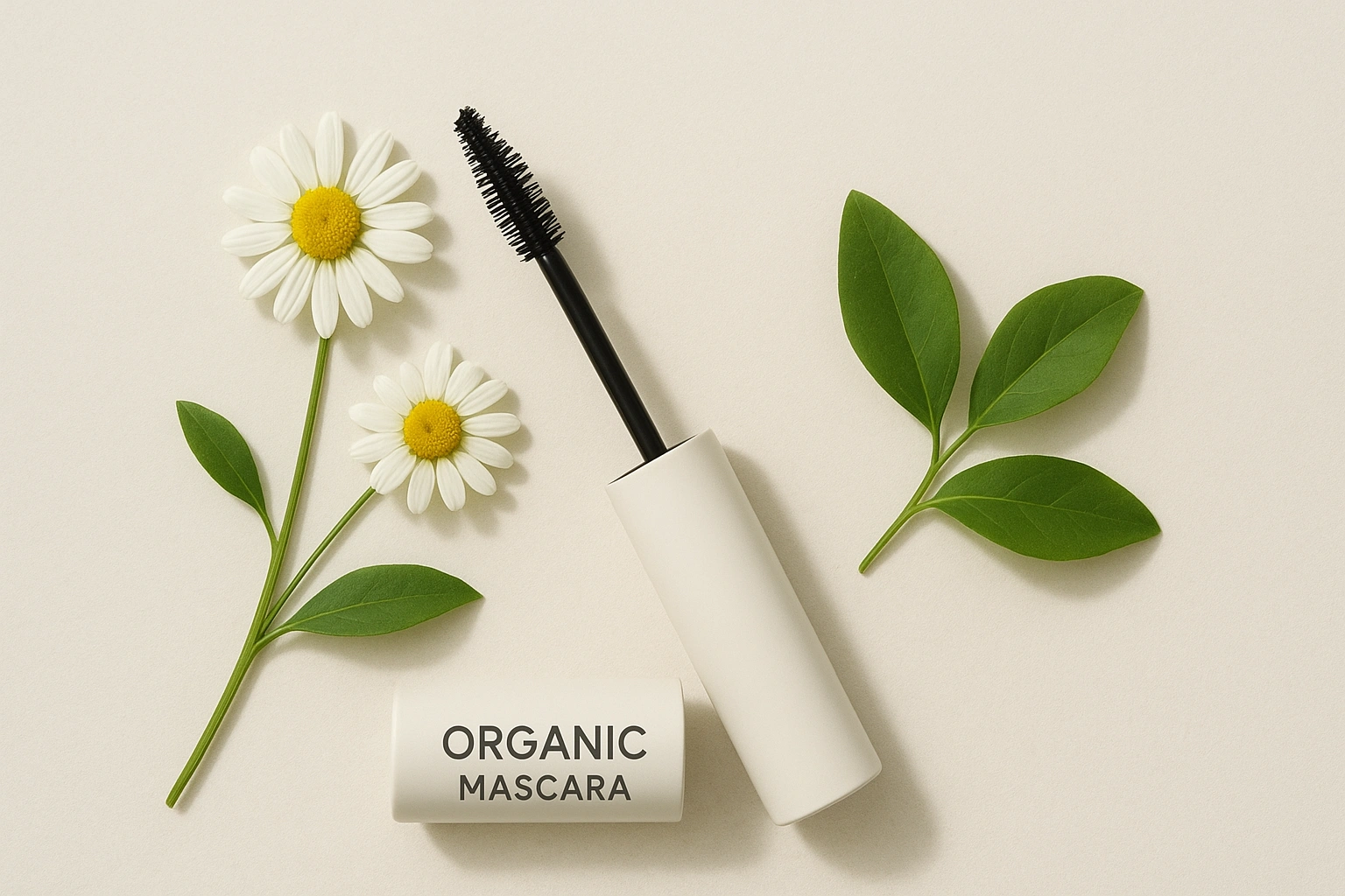 Realistic 169 photo-style image of a tube of organic mascara with wand, surrounded by chamomile flowers and natural ingredients, highlighting gentle, non-toxic, and vegan eye makeup.