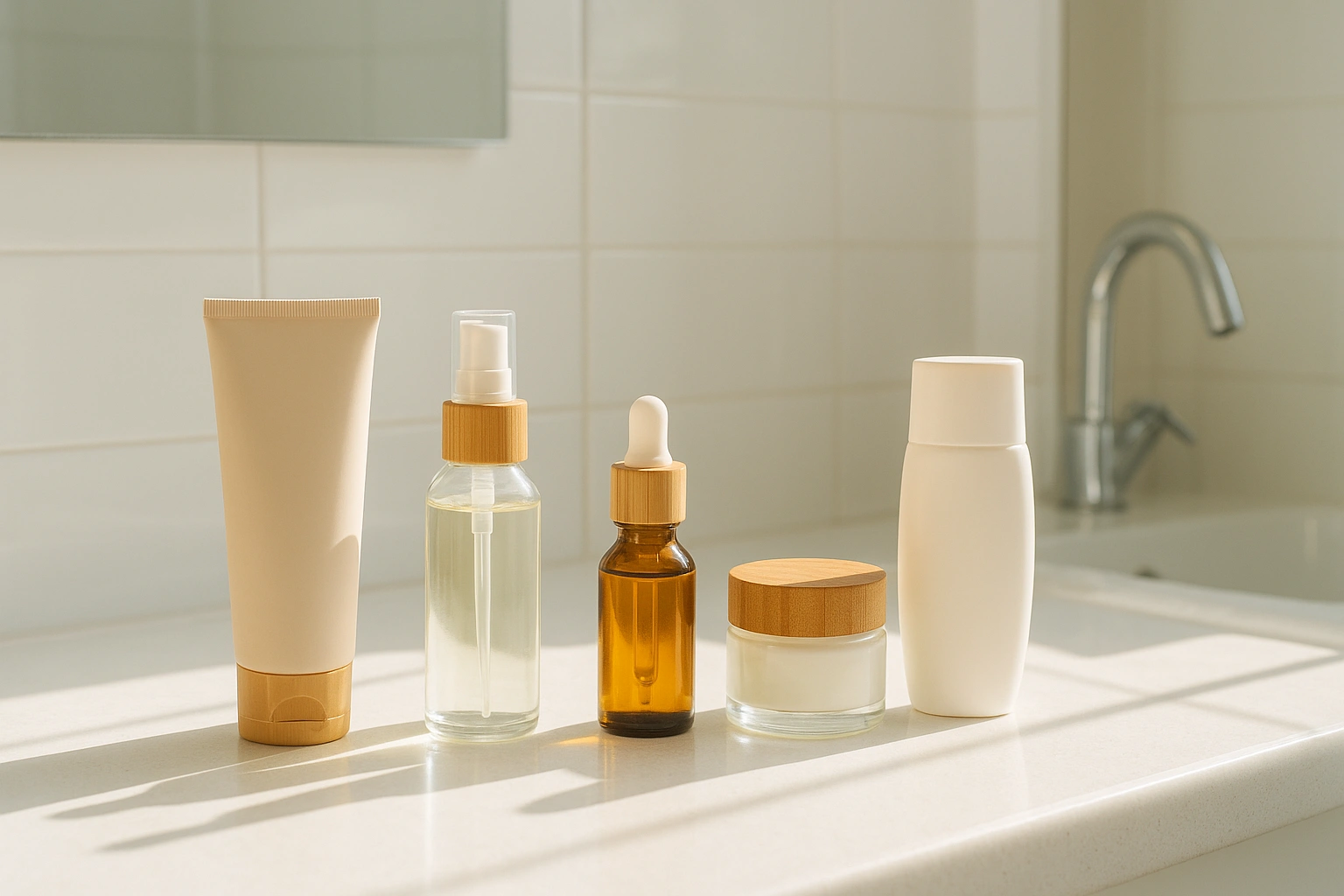 Realistic bright sunlit bathroom counter with neatly arranged vegan skincare products such as cleanser, toner, serum, moisturizer, and sunscreen, creating a clean and refreshing morning routine vibe.
