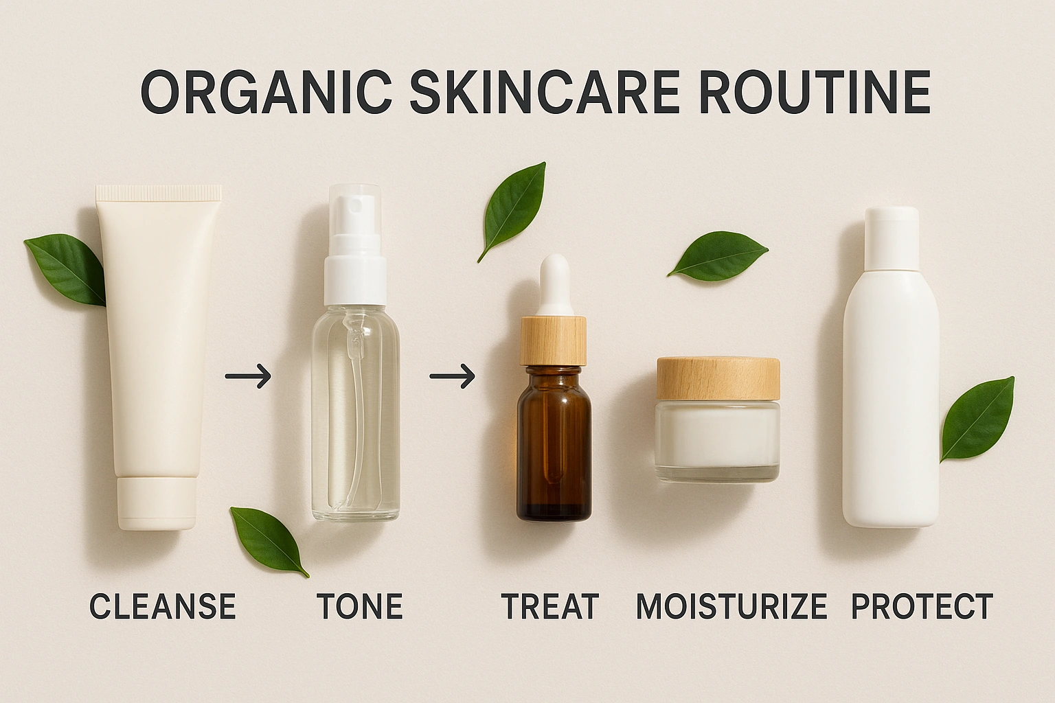 Realistic flat lay infographic of an organic skincare routine with five labeled steps Cleanse, Tone, Treat, Moisturize, Protect, arranged with natural skincare products on a clean background.