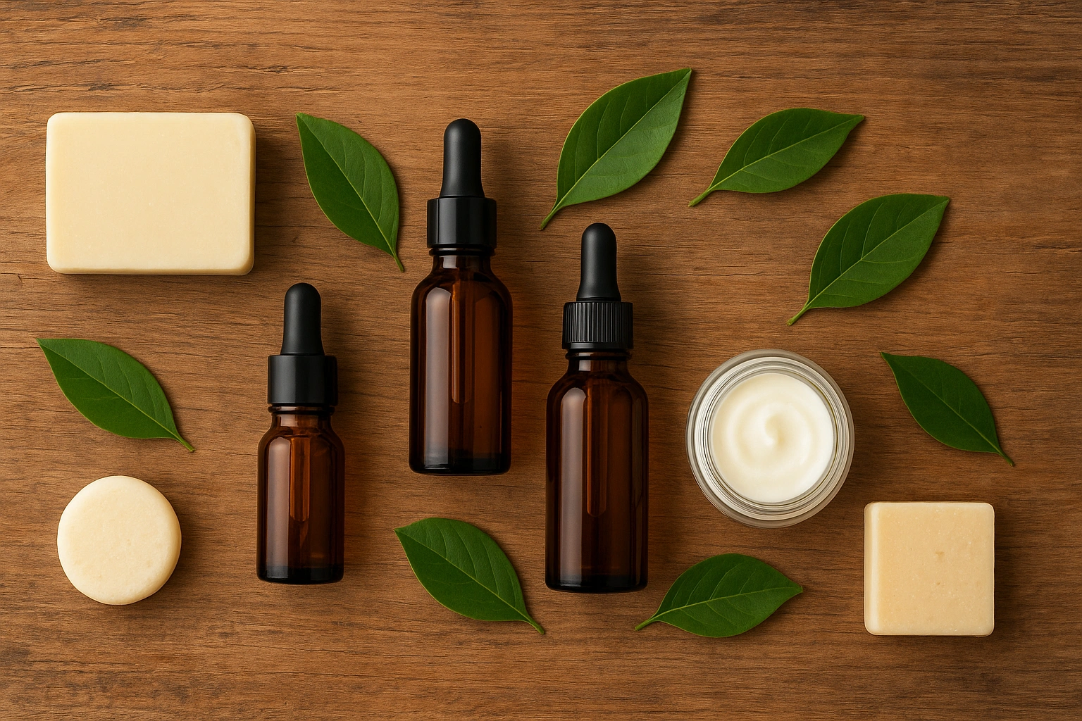 Realistic flat lay of certified organic skincare products arranged on a wooden background with fresh green leaves, highlighting natural and eco-friendly beauty