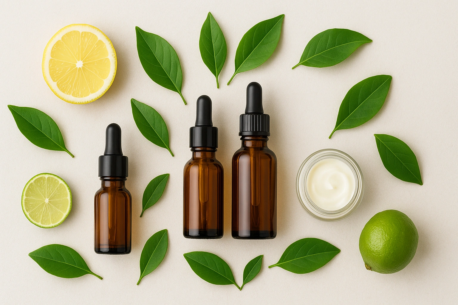 Realistic flat lay of vegan beauty products in glass serum bottles surrounded by fresh leaves and fruits on a clean background.