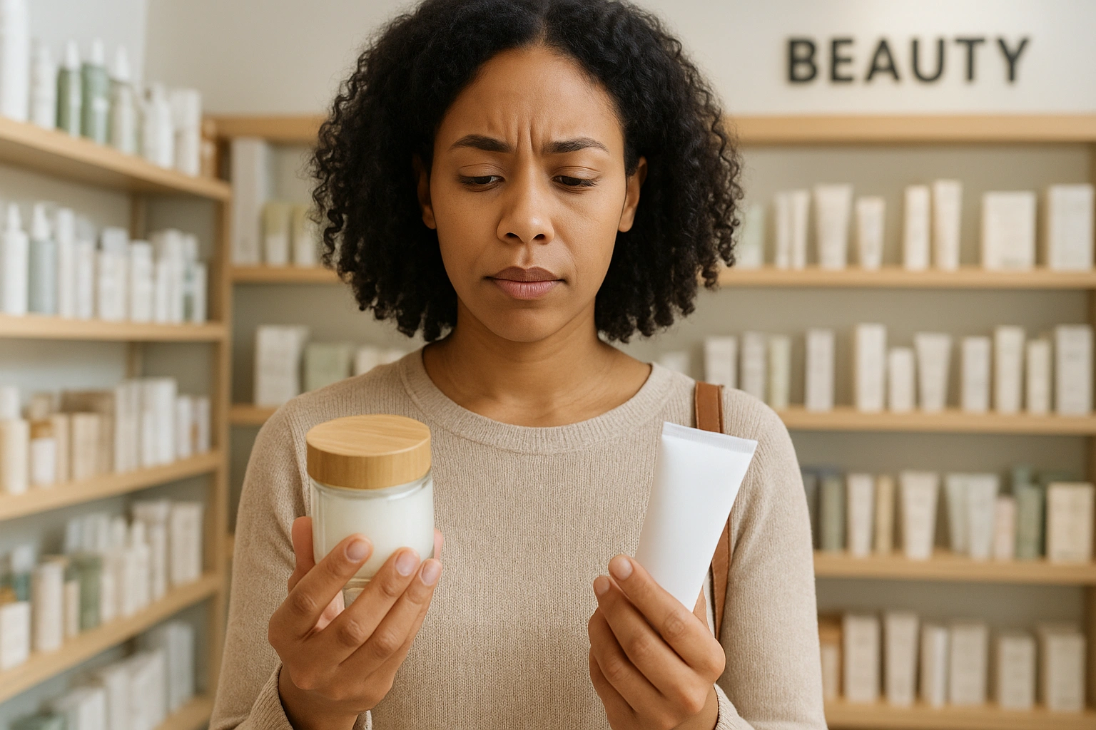 Realistic photo of a person in a store comparing two skincare products, highlighting affordable sustainable beauty choices.