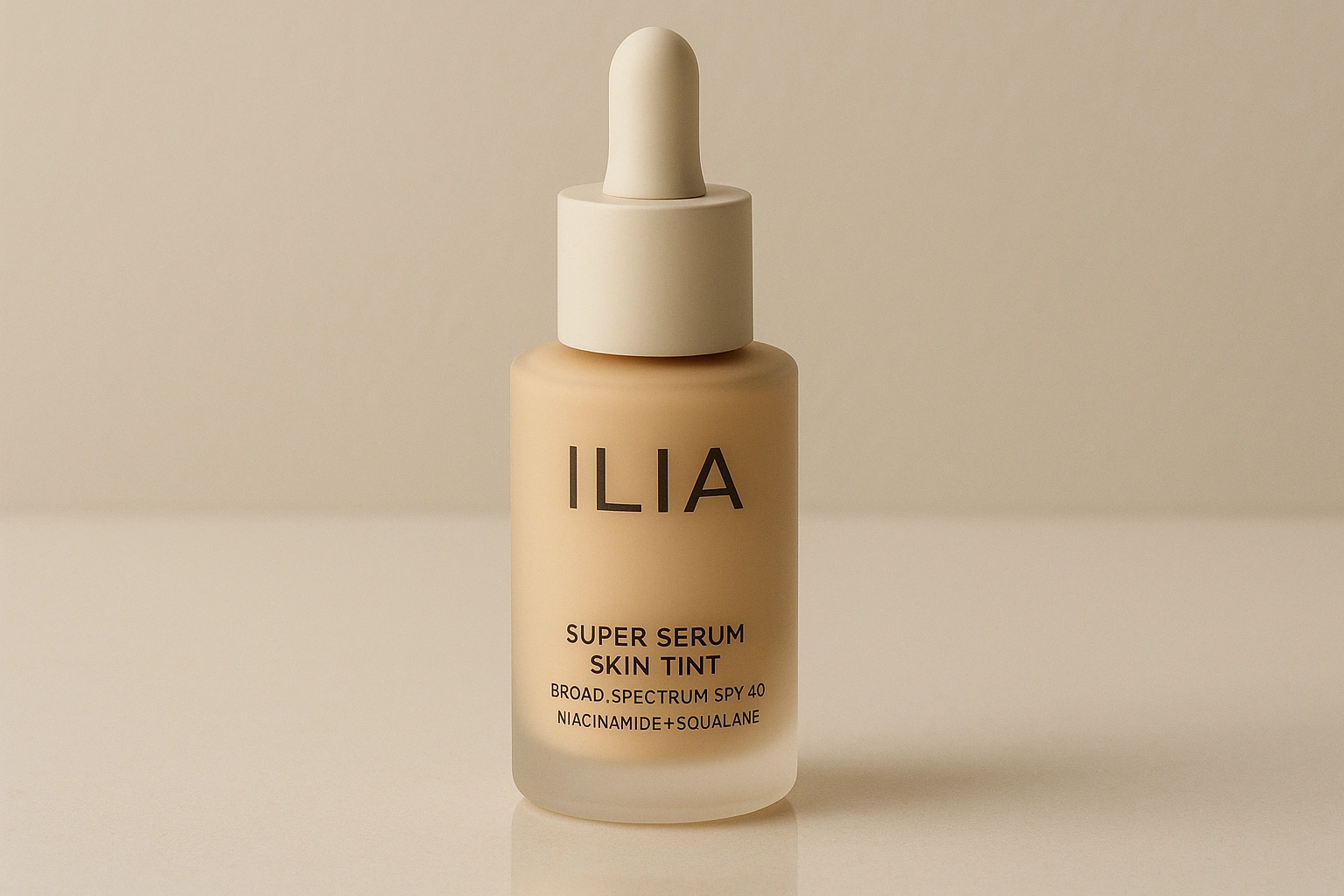Realistic photo-style image of a bottle of ILIA Super Serum Skin Tint, highlighting its sleek packaging as a top choice for organic foundation makeup.