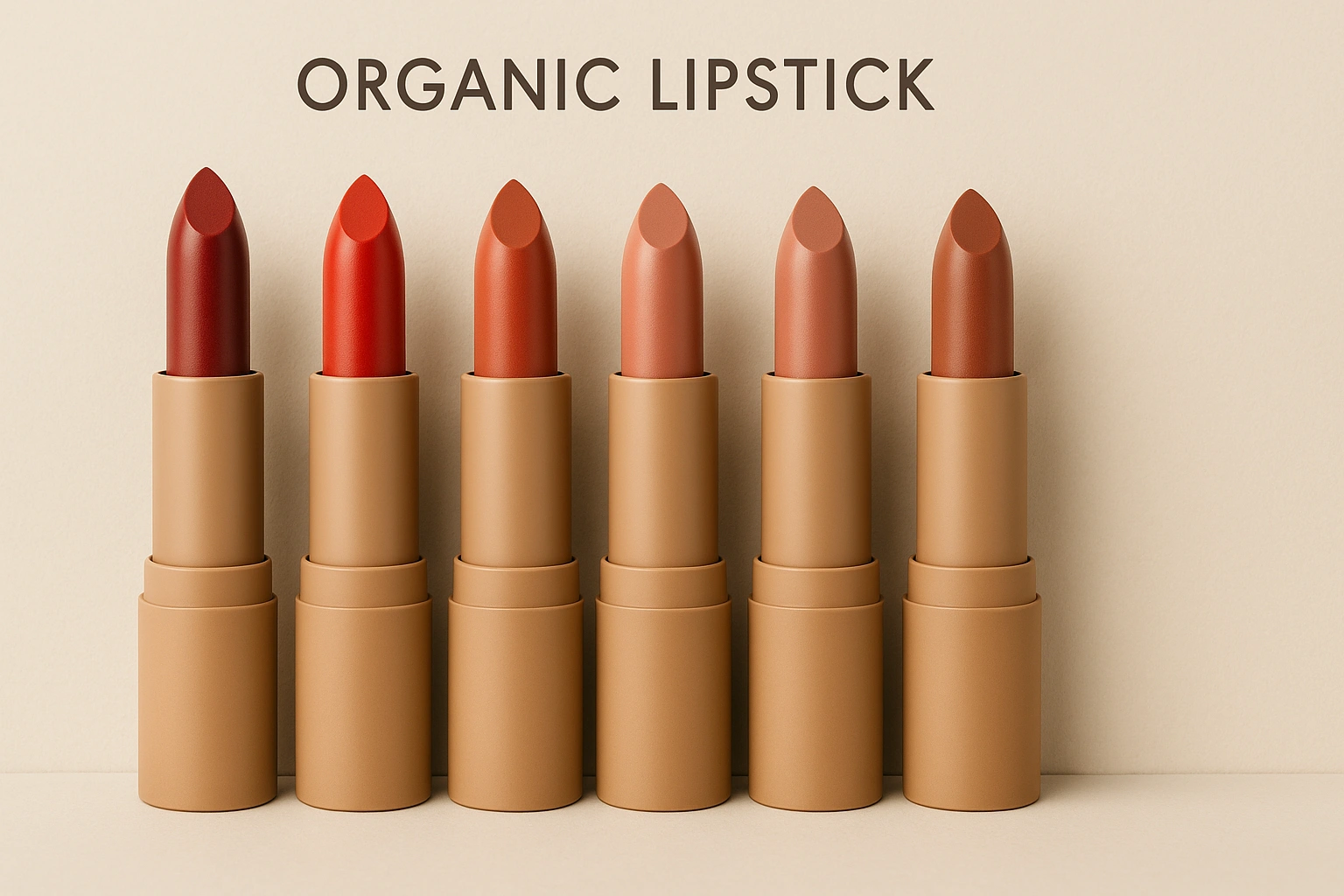 Realistic photo-style image of a collection of beautiful, non-toxic organic lipsticks in various shades, arranged neatly on a clean background.