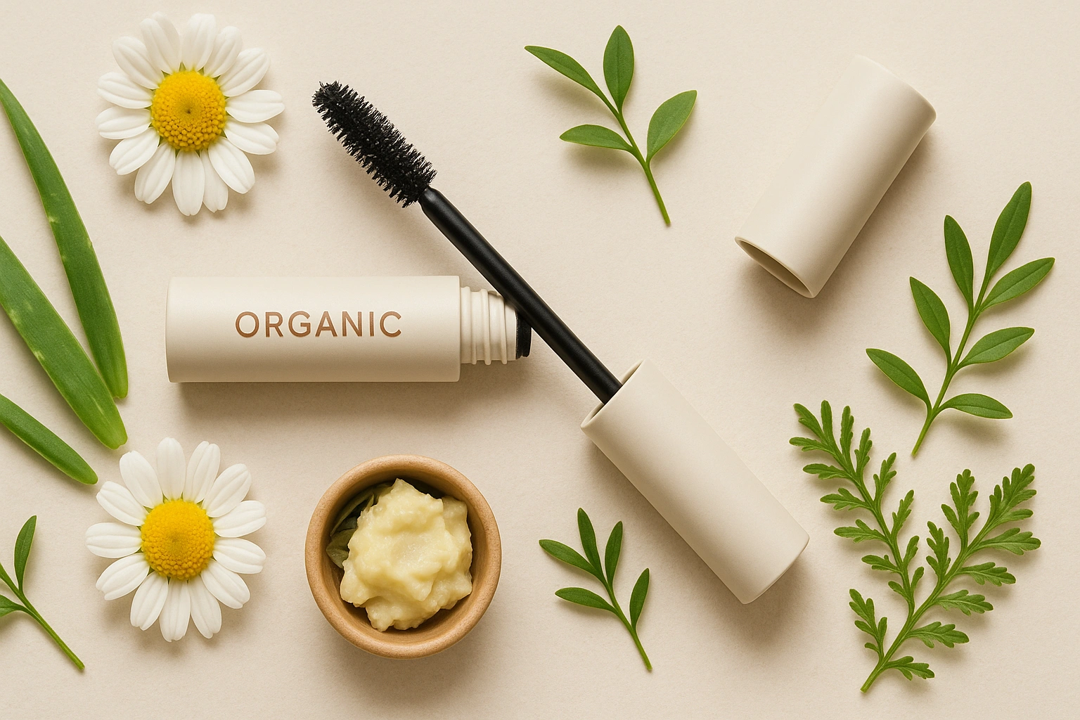 Realistic photo-style image of a tube of organic mascara with its wand, surrounded by gentle natural ingredients like chamomile flowers, highlighting its non-toxic and skin-friendly formula