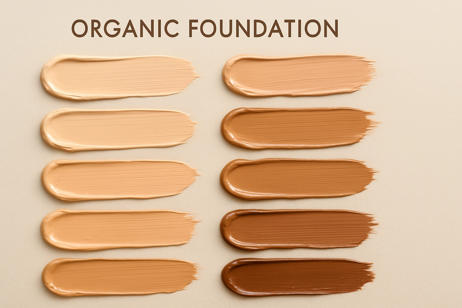 Realistic photo-style image of swatches of various shades of organic foundation makeup on a neutral background, highlighting their creamy texture and natural finish.