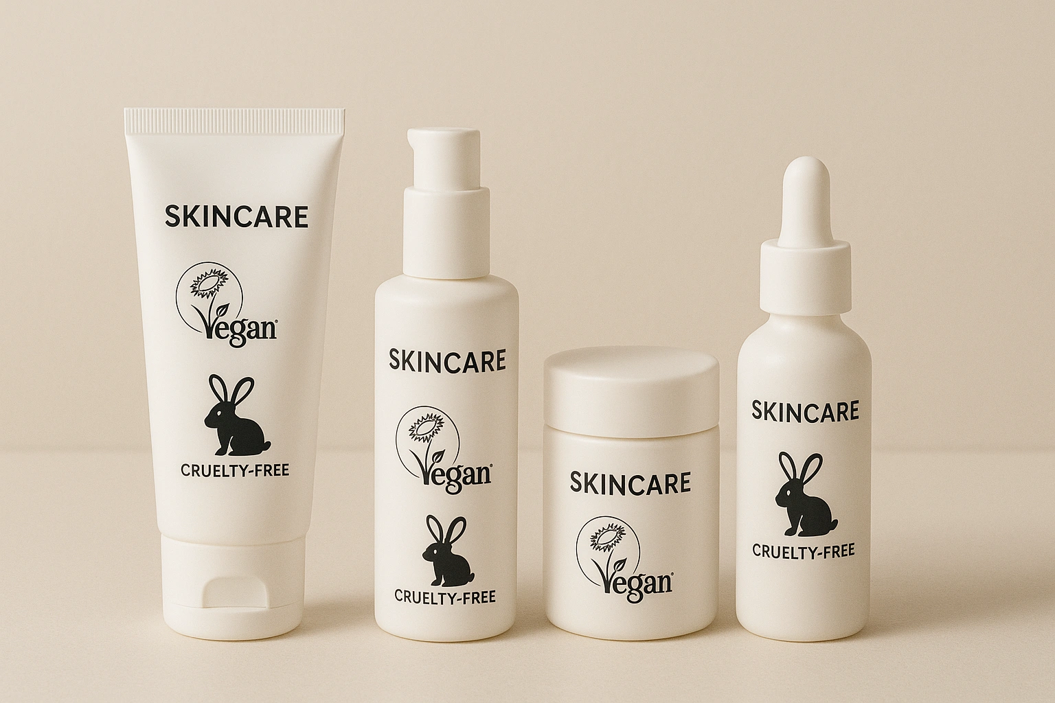 Realistic photo-style image showing official certification logos for vegan and cruelty-free skincare products displayed on product packaging.