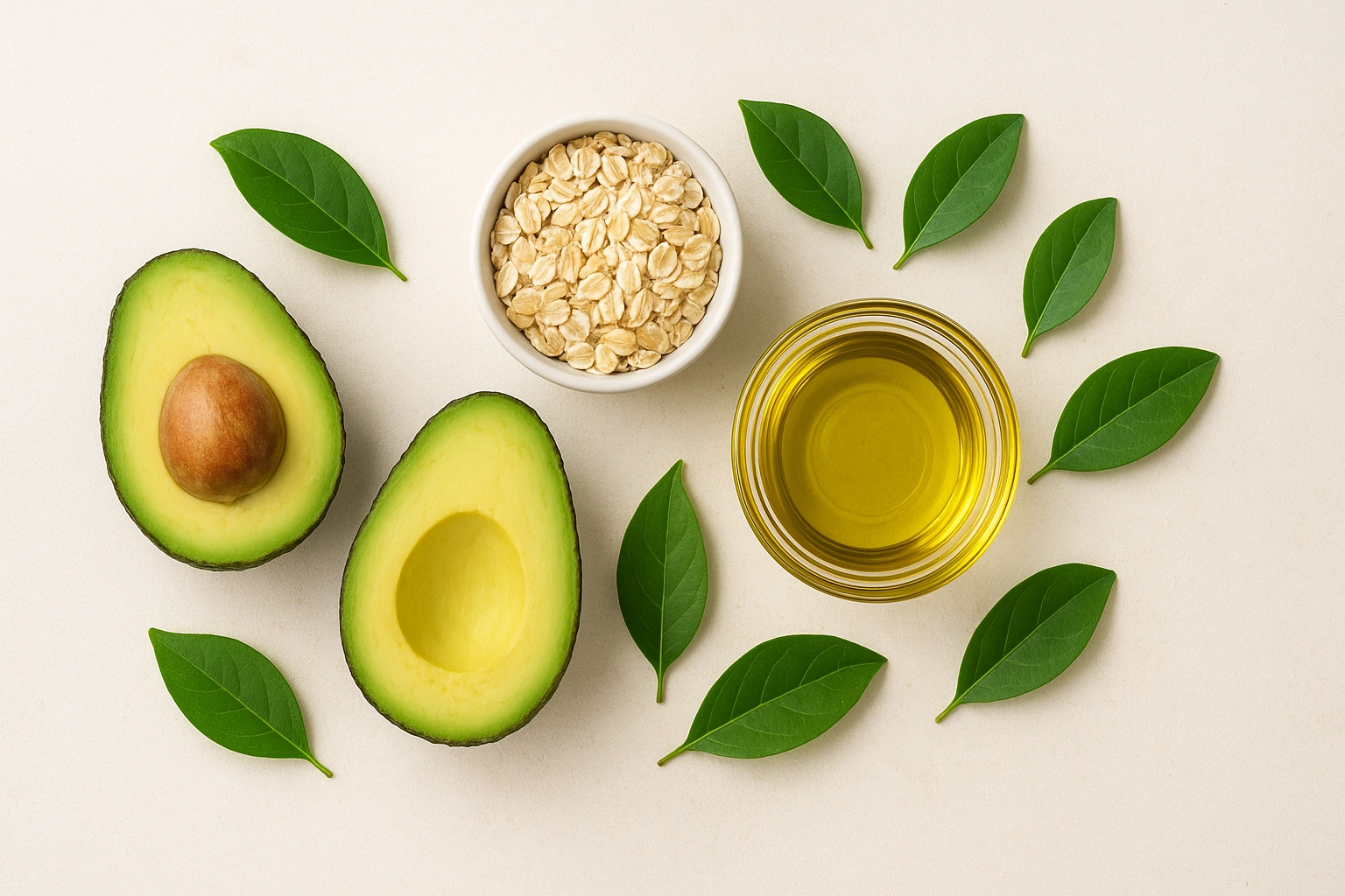 Realistic vibrant flat lay of natural kitchen ingredients such as avocado halves, oats, and olive oil in bowls, arranged on a clean surface, ready to be used for DIY vegan beauty hacks.