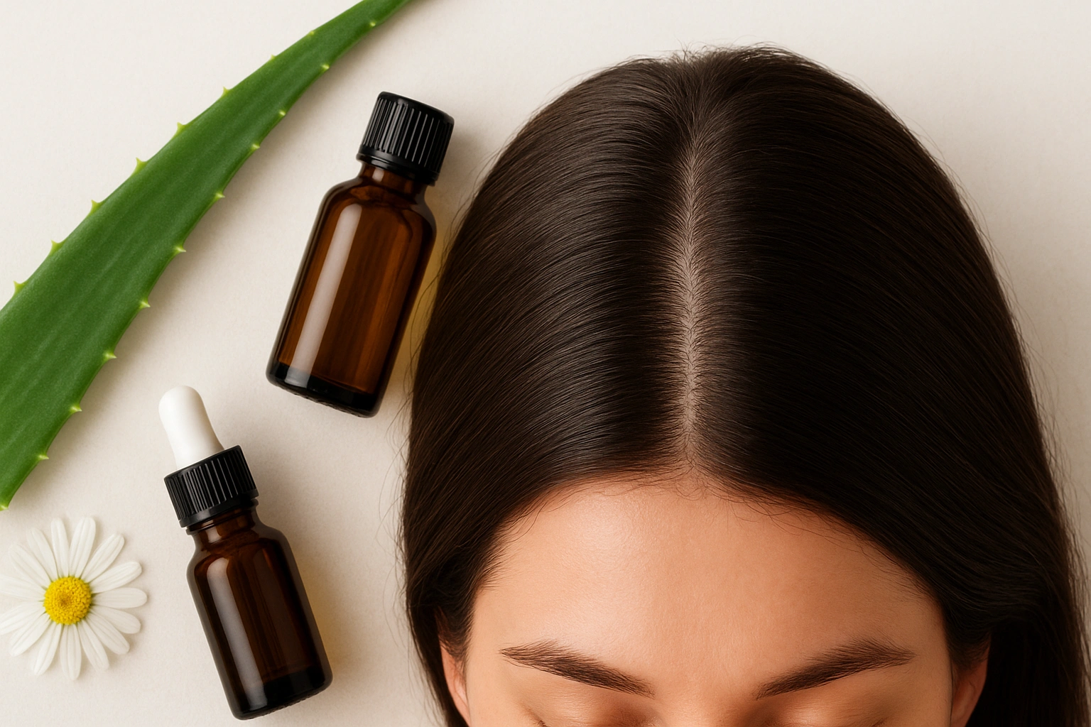 Thumbnail image of a healthy scalp and hair with vegan ingredients like aloe vera, tea tree oil, and chamomile, representing the benefits of vegan hair care for scalp health.