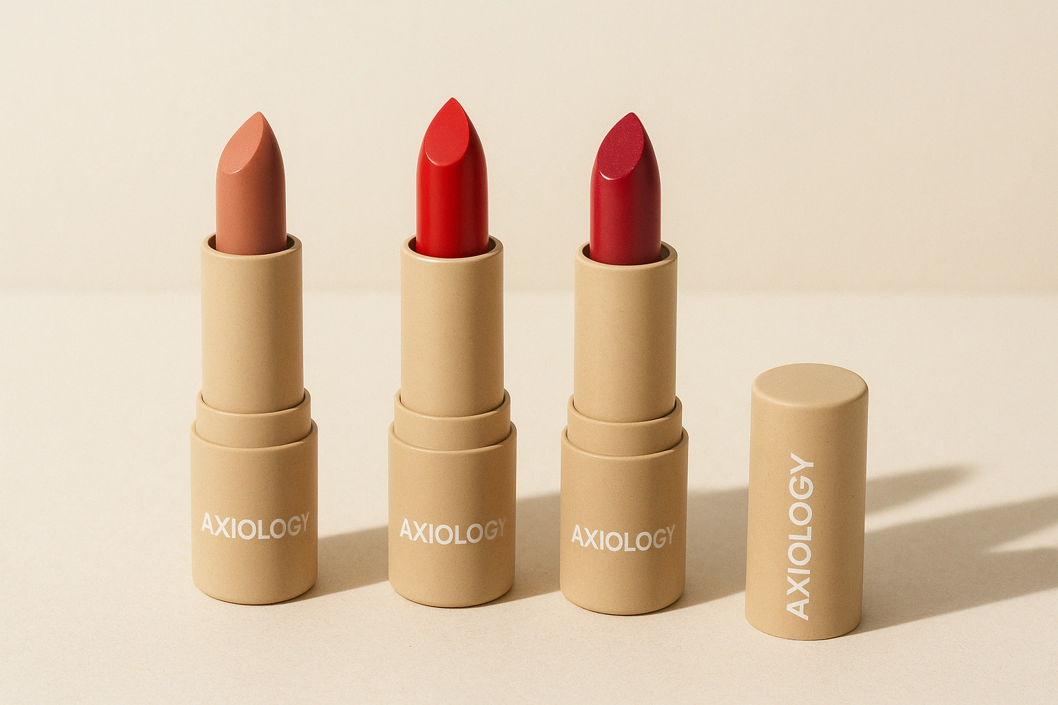 Realistic photo-style image of Axiology's innovative zero-waste organic lipstick products, highlighting their eco-friendly packaging and vibrant shades.