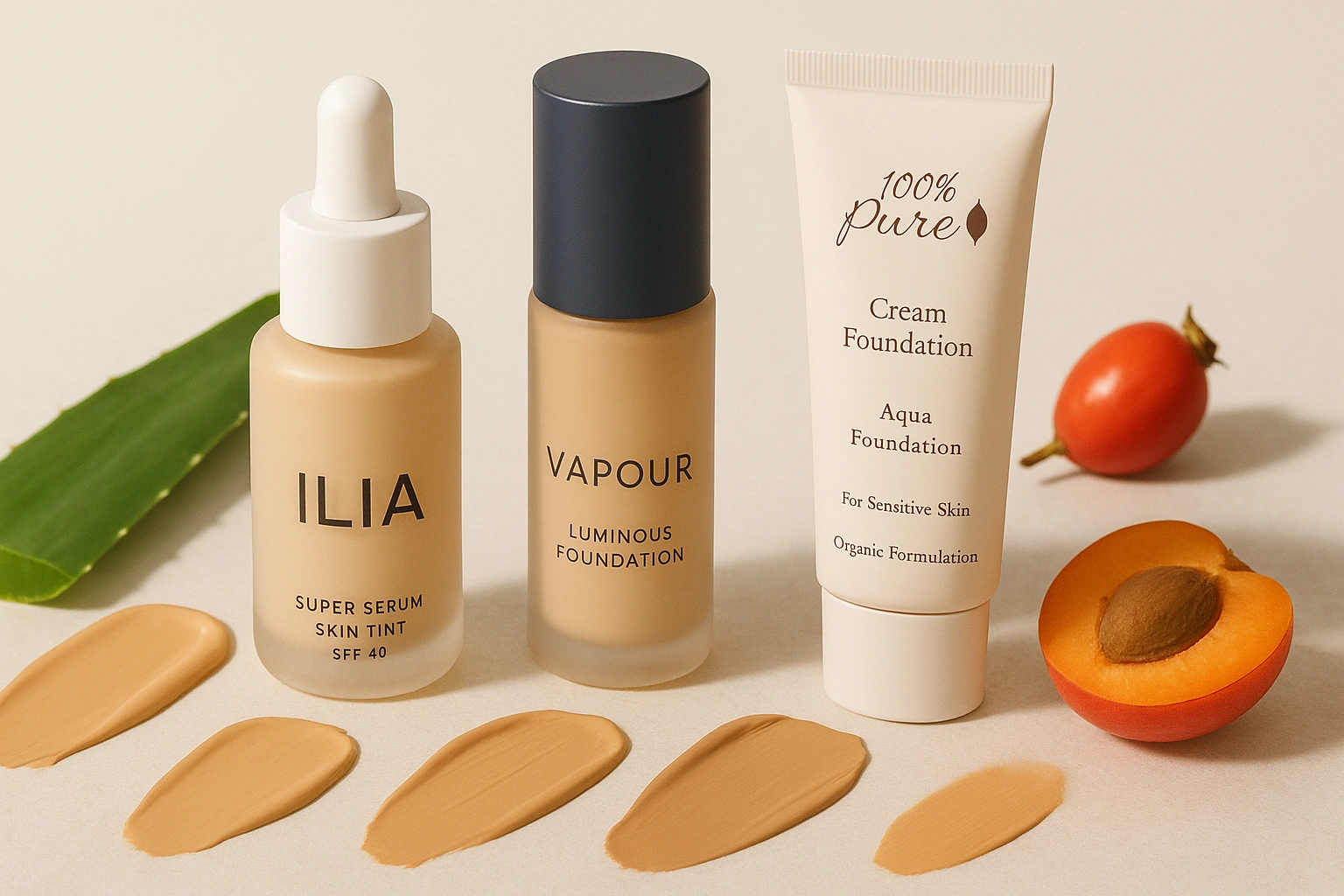 thumbnail showing a collection of top organic foundations, including ILIA Super Serum Skin Tint, Vapour Organic Beauty Luminous Foundation, and 100% Pure Fruit Pigmented Cream Foundation, arranged with swatche