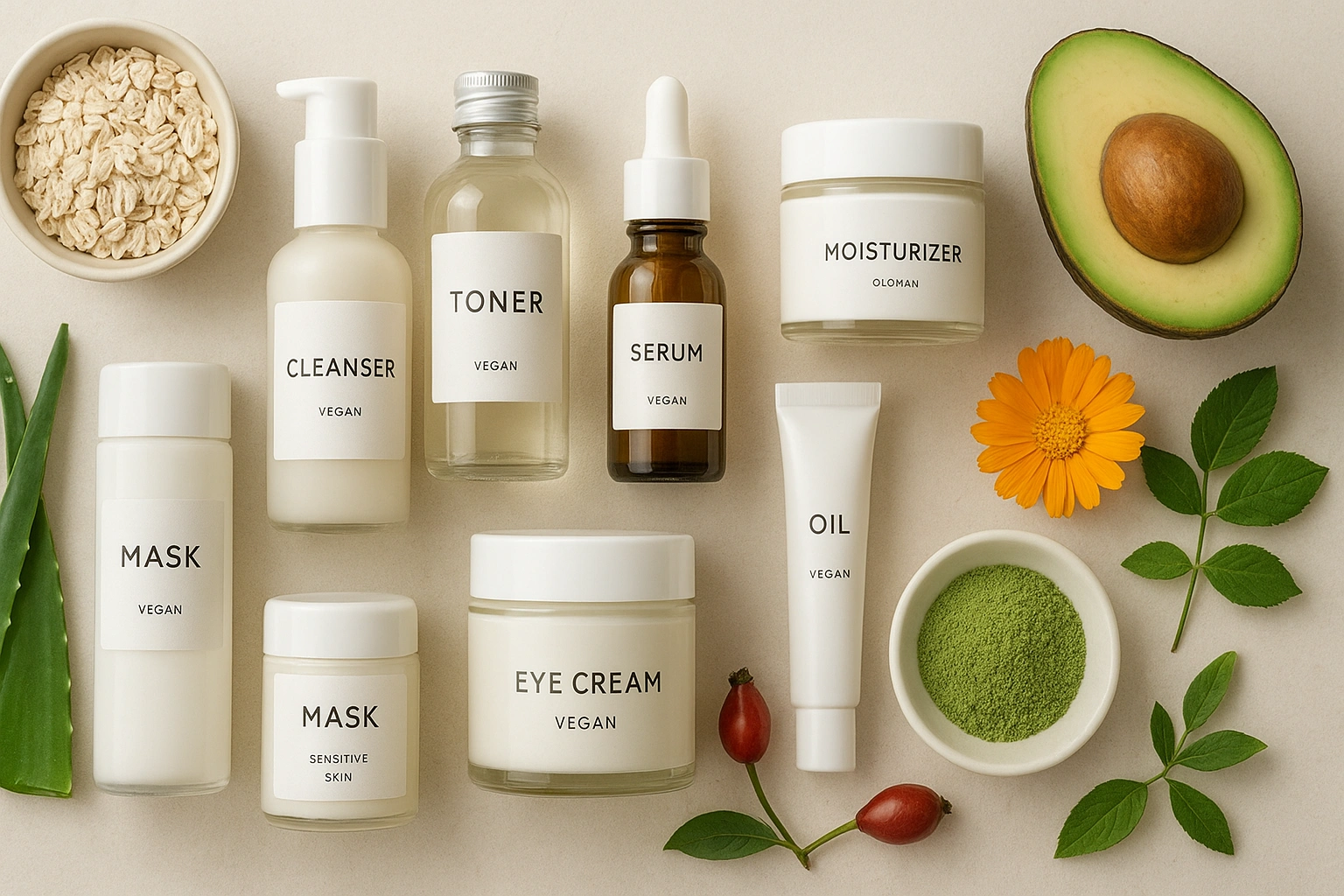 op 10 vegan skincare products for sensitive skin arranged on a clean surface, surrounded by natural ingredients like oats, calendula, aloe vera, rosehip, matcha, and avocado, highlighting a gentle and soothing